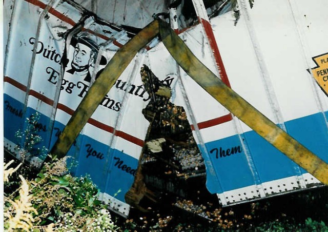 This truck full of eggs overturned on Route 897... 10/11/89